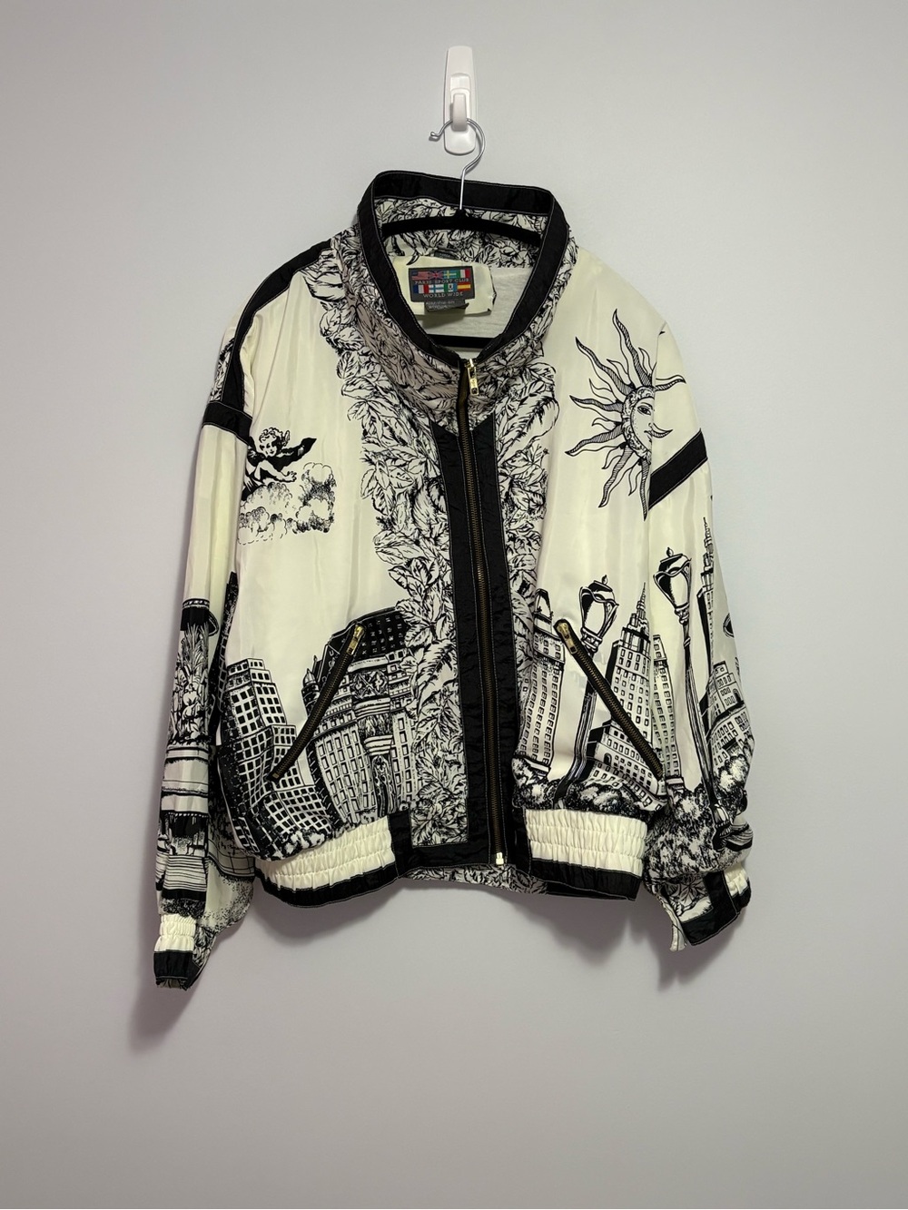Women's Black & Ivory Graphic Cityscape Bomber Jacket